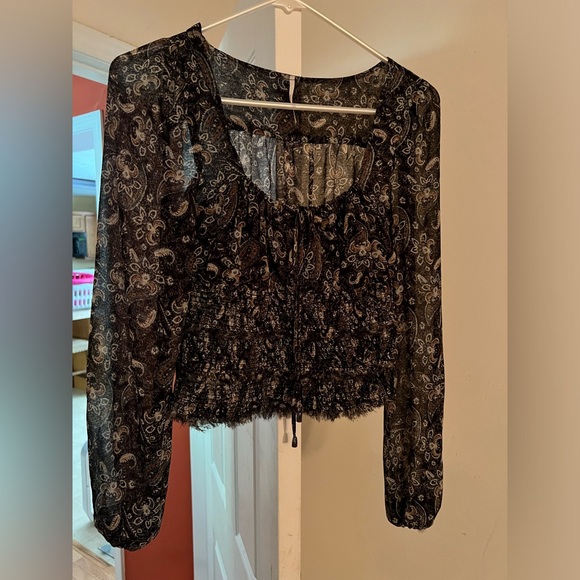 Twyla Sheer Black Sheer Smocked Long Sleeve Crop Top|NWOT| SM - Picture 1 of 3